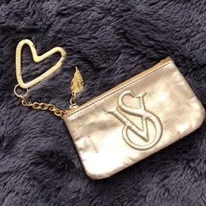 Victoria’s Secret Angel Wings Gold Heart Keychain Metallic Zipper Zip Top Pouch